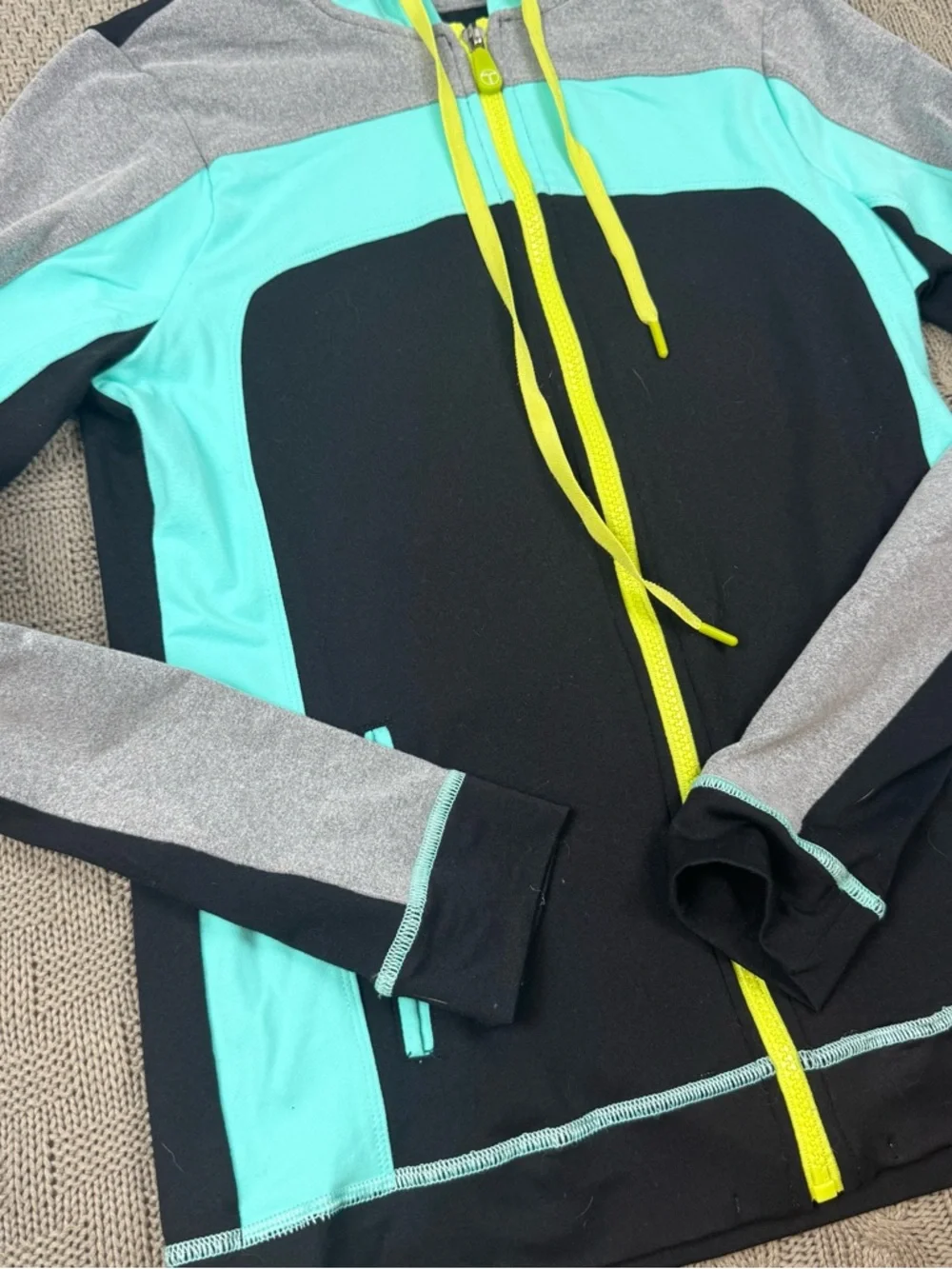 Trina Turk Recreation Teal, Black & Gray Colorblock Hoodie with Yellow Logo ~ S - Picture 5 of 12